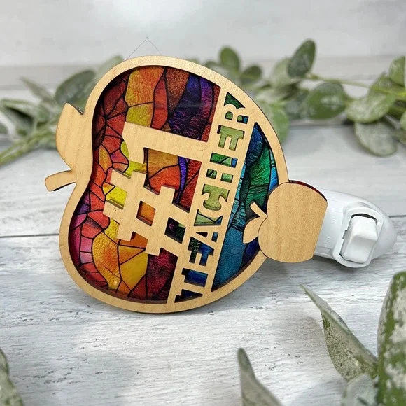 Number 1 Teacher Apple Night Light Stained Glass Effect Wood Decor Handcrafted - Picture 5 of 10